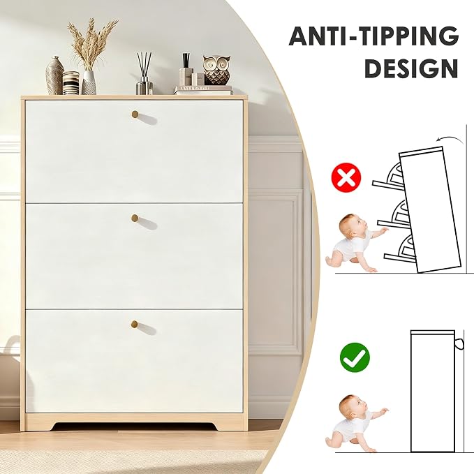 Nicetree Shoe Cabinet with 3 Flip Drawers,Freestanding Shoe Storage Cabinet, Narrow Shoe Organizer Cabinet, Farmhouse Slim Shoe Rack Cabinet for Entryway, Natural Oak and White with Hook