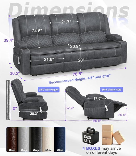 Power Loveseat Recliner Sofa, Removable Armrest 3 Seats Power Reclining Loveseat with Remote Liftable Console, Wall Hugger RV Theater Seating with Storage & USB & RGB (Velvet, Grey)