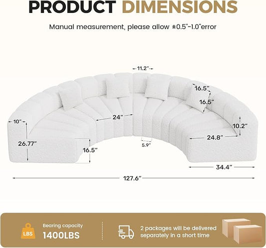 Oversized Curved Sofa, 4 Seater Boneless Velvet Cloud Couch, Modern Modular Sectional Couches for Living Room, No Assembly Required, White 1PC