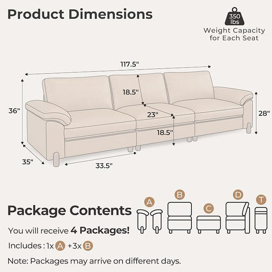 SITJOY Large Cloud Couch, 118" Wide 3 Seater Sofa, Faux Leather in Brown | Pet-Friendly Scratch-Resistant Leather Sectional Sofas for Living Room, Deep Seat Wide Couch