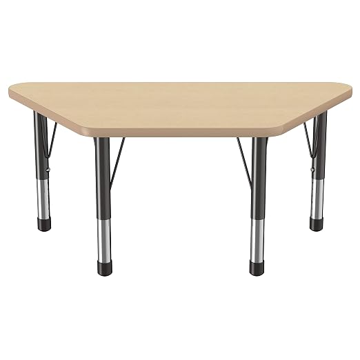 FDP Trapezoid Activity School and Classroom Kids Table (24 x 48 inch), Chunky Toddler Legs for Collaborative Seating Environments, Adjustable Height 15-24 inches - Maple Top and Maple Edge