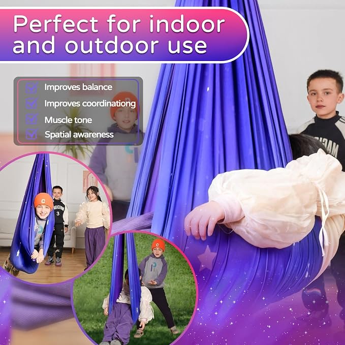 Sensory Swing for Kids and Adults Indoor & Outdoor Double Layer Therapy Cuddle Holds up to 300lbs Adjustable Hammock Chair with 360° Swivel Hanger Kit Effect for Aspergers Autism ADHD(Galaxy Purple)