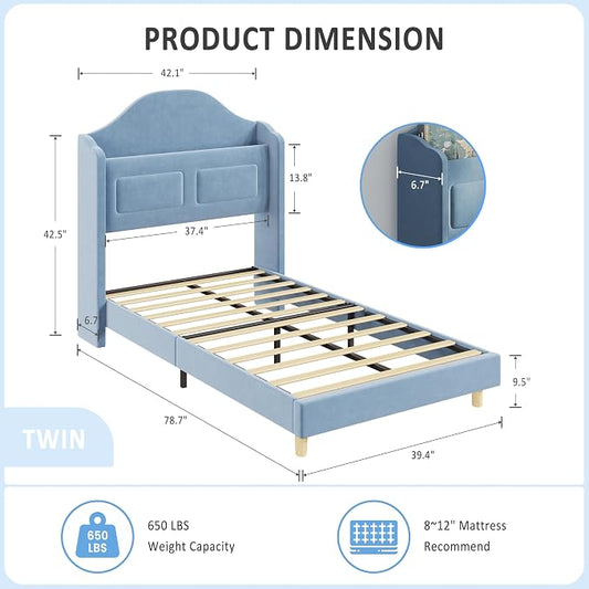 GarveeHome Twin Bed Frame for Kids, Upholstered Velvet Platform Bed for Boys/Girls with Wingback, Storage Bookcase Headboard & LED Lights, No Box Spring Needed, Noise-Free, Easy Assembly, Blue
