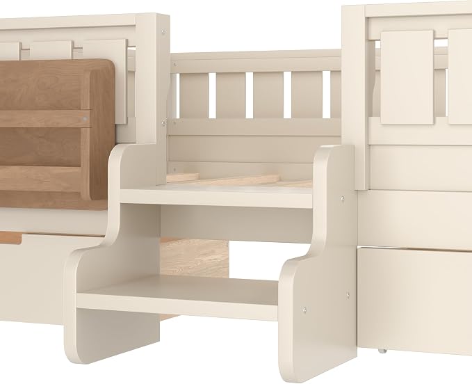 Bellemave Full Kids Montessori Bed with Stairs, Bookshelf and Drawers, Solid Wood Kids Bed Frame with Storage for Boys Girls, Low Profile,Beige