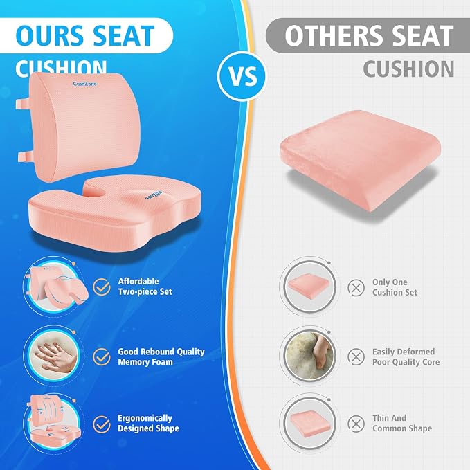 CushZone Ergonomic Seat Cushion & Lumbar Support Pillow - Memory Foam for Sciatica Pain Relief & Posture Correction, Non-Slip Chair Cushions for Office Chair/Car/Wheelchair/Travel, Pink X-Large
