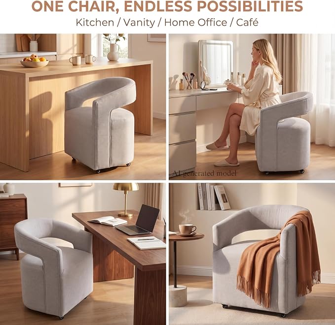 HNY Light Grey Linen Upholstered Dining Chairs Set of 3 – 360° Swivel Kitchen Seating with Casters & Barrel Open Back, Upholstered Rolling Chairs for Living Room, Dining Room
