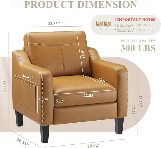 MALOL PU Leather Accent Chair, Mid-Century Modern Living Room Armchair Sofa with Removable Cushions, Solid Wood Frame & Stitched Armrest Design, Bedroom Chair with Plastic Legs, Brown