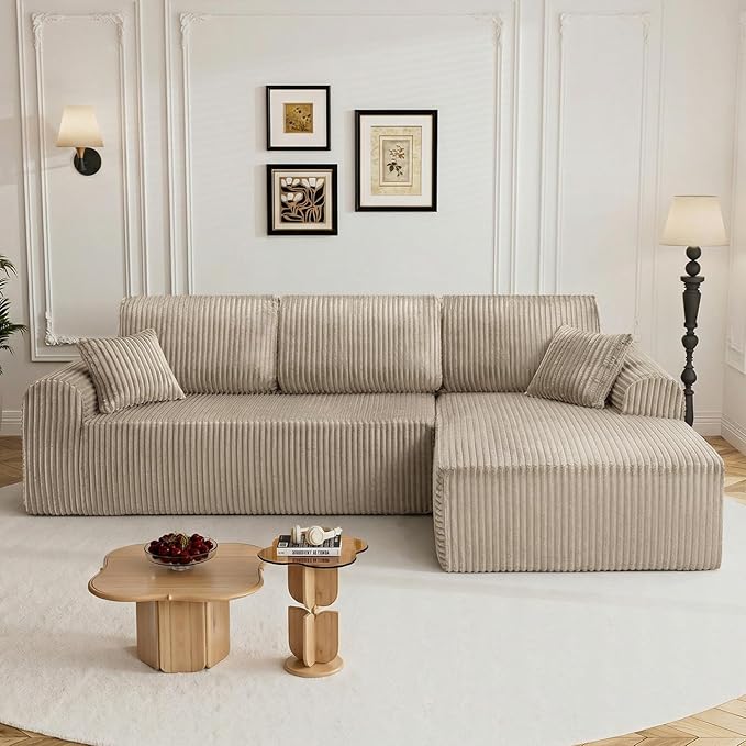 110" L Shaped Boneless Sectional Couches for Living Room, Comfy Corduroy Floor Cloud Sofa with Chaise, Wide Armrest, Deep Seat, Memory Foam, Assembly Free, Ideal for Small Spaces, Brown