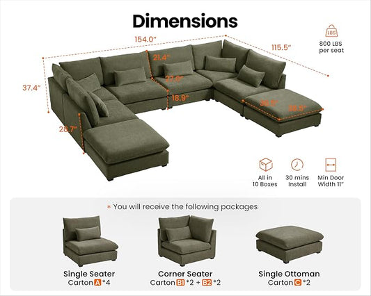 154" Oversized Chenille Couch Modular Sectional Sofa, Washable Cloud Couch Sectional with 4 Ottoman, 8 Seater Sectional Couches for Living Room, Fully Cover Removable, Sleeper Sofa, Chenille, Green