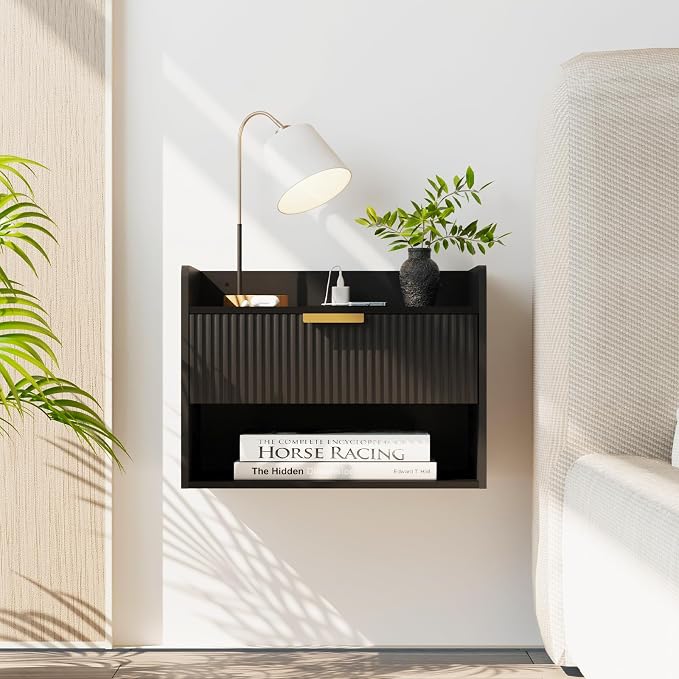 Arbuxzuy Floating Nightstand with Charging Station, Modern Wall Mounted Bedside Table with Drawer & Open Shelf, Minimalist Wooden Night Stand for Bedroom (Black)
