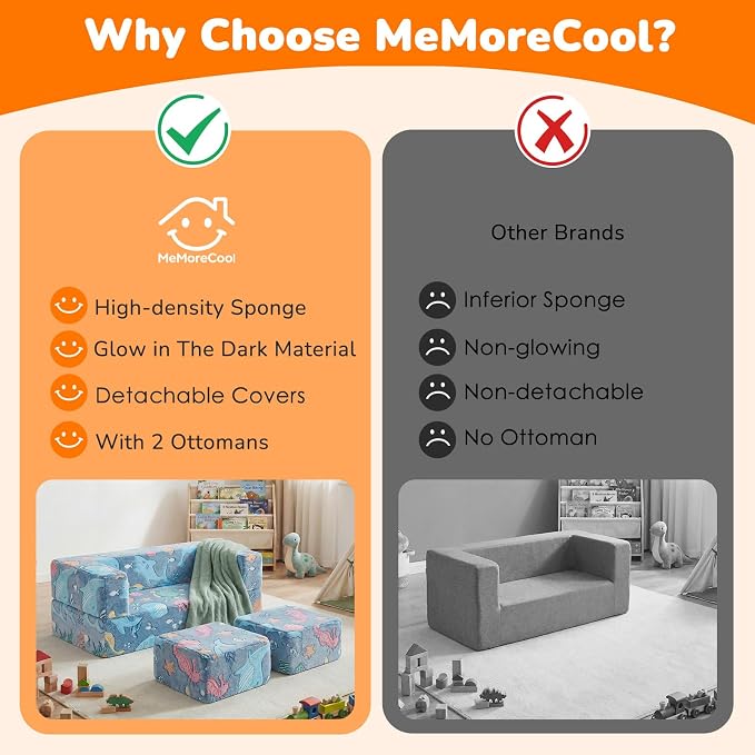 MeMoreCool Mermaid Glow-in-the-Dark Kids Play Couch, Denim Mermaid Modular Toddler Couch for Girls, Convertible Foam Sofa Bed for Playroom Bedroom, 220 lbs Capacity