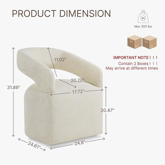 KISLOT Upholstered Dining Chairs Set of 2, Modern Arm Kitchen & Dining Room Chairs with Hidden Casters, Linen Fabric Padded Rolling Chairs, Sturdy Wood Frame, 300 lbs Capacity, Cream Beige