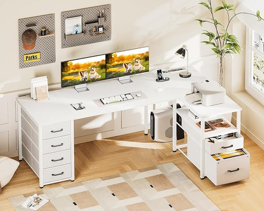 Coleshome L Shaped Computer Desk with 6 Drawers & Power Outlet, 63 Inch Office Desk with Reversible Storage Shelf & File Drawer, Home Office Desk, White