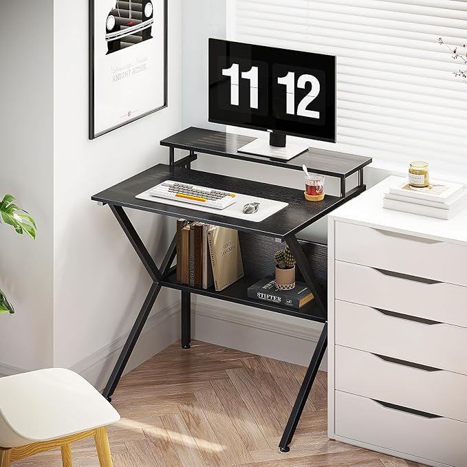 ODK Small Desk, 27.5 Inch Computer Desk for Small Spaces, Study Desk with Storage & Monitor Stand, Black