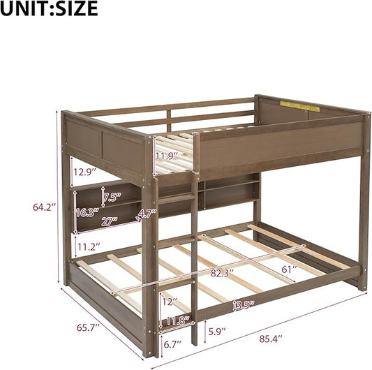 Queen Over Queen Bunk Bed with Built-in Shelves and USB Ports, Solid Wood Bunk Bed Frame with Safety Guardrail, for Kids Boys Girls Bedroom, No Box Spring Needed (Antique Wood Color)