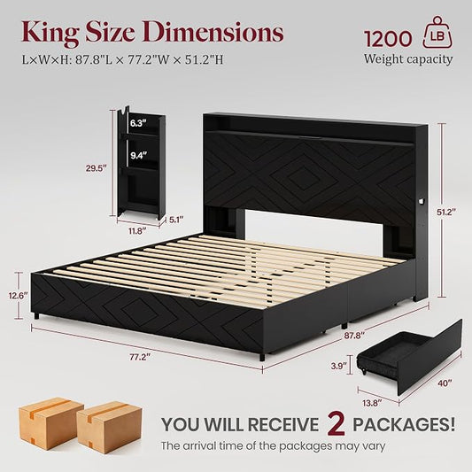 King Size Bed Frame with 2 Bedside Stoage Racks & 4 Locking Drawers, 51.18" Tall Headboard with Charging Station & RGB LED Lights, Farmehouse Platform Bed Frame, No Box Spring Needed, Black