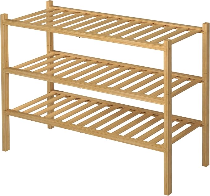 ROMGUAR CRAFT 3 Tier Bamboo Shoe Rack for Closet Free Standing Wood Shoe Shelf Storage Organizer for Entryway Small Space Stackable 27"x11"x20" (Natural)