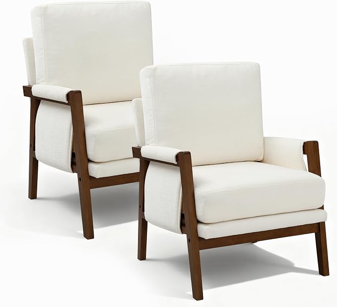 RNKSFX Accent Chairs for Living Room Set of 2, Modern Arm Chairs for Bedroom, Wooden Upholstered Mid Century Accent Chairs, Cream White