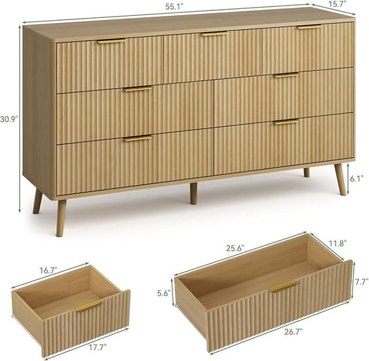 LYNSOM Fluted Dresser and Nightstand Sets 4 Piece, 2-Drawer Nightstands and 5/7 Drawers Dresser, Wood Bedroom Furniture Set for Home, Bedroom, Hallway, Oak