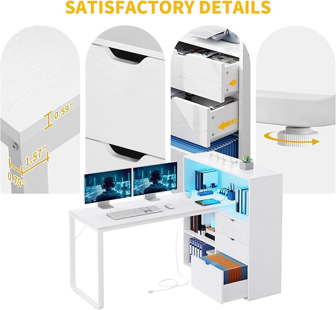 DWVO L Shaped Desk with Drawers, 55" Corner Computer Desk with Bookshelf & Power Outlets & LED Lights, Home Office Desk with Storage Shelves, White