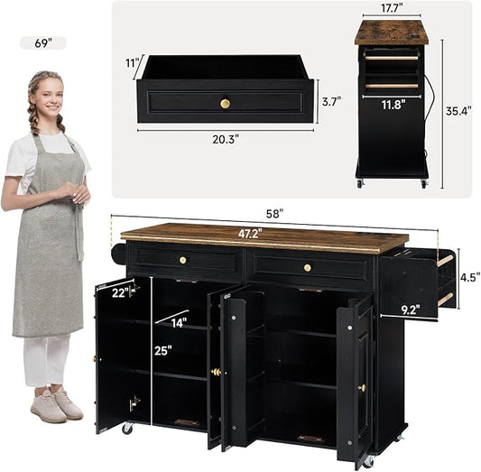 ONBRILL 58" Mobile Kitchen Island, Kitchen Island Cart with Power Outlet, Island Table for Kitchen, Home Bar Carts with Storage, Kitchen Rolling Island with Spice Rack & Towel Rack & Knife Holder