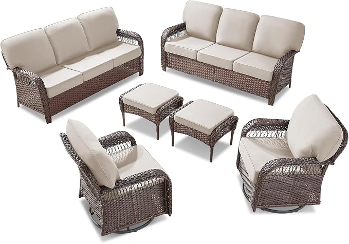 Belord Luxury Patio Furniture Set with 5-inch Thick Cushion, Outdoor 3-seat Sofa and High Back Swivel Rocker Patio Chairs and Ottoman, 6PCS Wicker Conversation Set for Deck Yard and Poolside,Beige