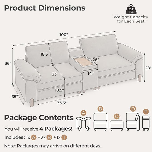 SITJOY Large Cloud Couch, 100" Wide Loveseat Sofa, Chenille in Light Gray | Detachable and Washable Chenille Cover Sectional Sofas for Living Room, Deep Seat Wide Couch with Cuphoders