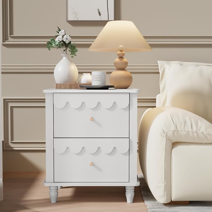 White Nightstand Set of 2 with 2 Drawers, Modern Night Stand Set 2 with Petal Pattern for Bedroom, Side End Table Scalloped Bedside Night Tables with Solid Wood Legs