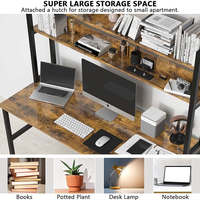 Aquzee Computer Desk with Hutch Bookshelves, 55 Inch Home Office Writing Desk with Space Saving Design, Gaming Table Organized Desk with Storage Shelves Bookshelf Easy Assemble, Rustic Brown