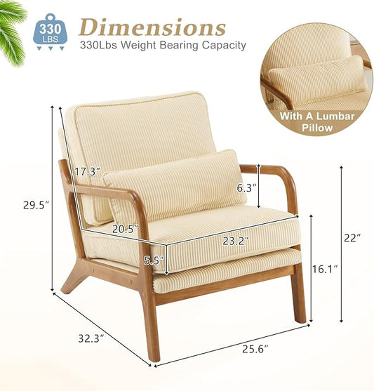 VINGLI Upgraded Premium Corduroy Accent Chairs Set of 2,Upholstered Arm Chair,Solid Wood Comfy Reading Chair with Lumbar Pillow, Mid Century Modern Chairs for Living Room,Bedroom,Dark Beige
