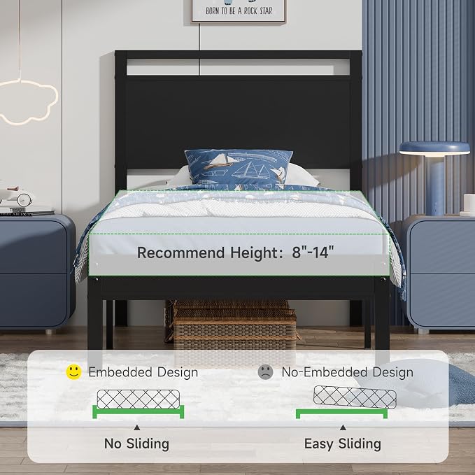 Z-hom Twin Metal Bed Frame with Wooden Headboard and Footboard, Heavy Duty Platform Frame with Metal Slats, No Box Spring Needed, Quiet and Non-Slip Design, Bed Storage for Small Bedroom,Black