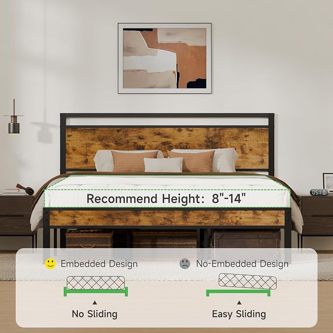 King Metal Bed Frame with Wooden Headboard and Footboard, Heavy Duty Platform Frame with Metal Slats, No Box Spring Needed, Quiet and Non-Slip Design, Space Saving Bed Frame for Bedroom, Vintage Brown