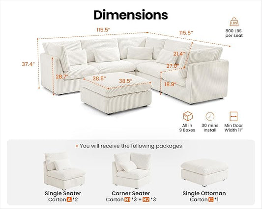 115" Oversized Corduroy Couch Modular Sectional Sofa, Washable Cloud Couch Sectional with Ottoman, 6 Seater Sectional Couches for Living Room, Fully Cover Removable, V Shaped & Corner, Corduroy, White