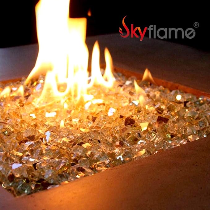 Skyflame High Luster 10-Pound Fire Glass for Fire Pit Fireplace Landscaping, 1/2-Inch Gold Reflective