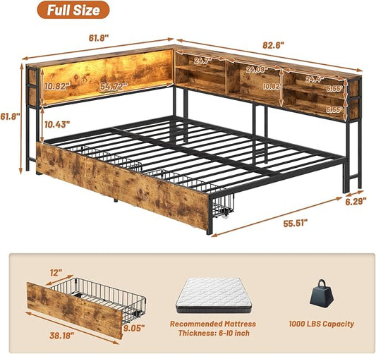 Bellemave Full Corner Bed Frame with Storage, Full Captains Bed with Charging Station, LED Light, Wood Daybeds with L-Shaped Bookcase and 2 Drawers, Brown