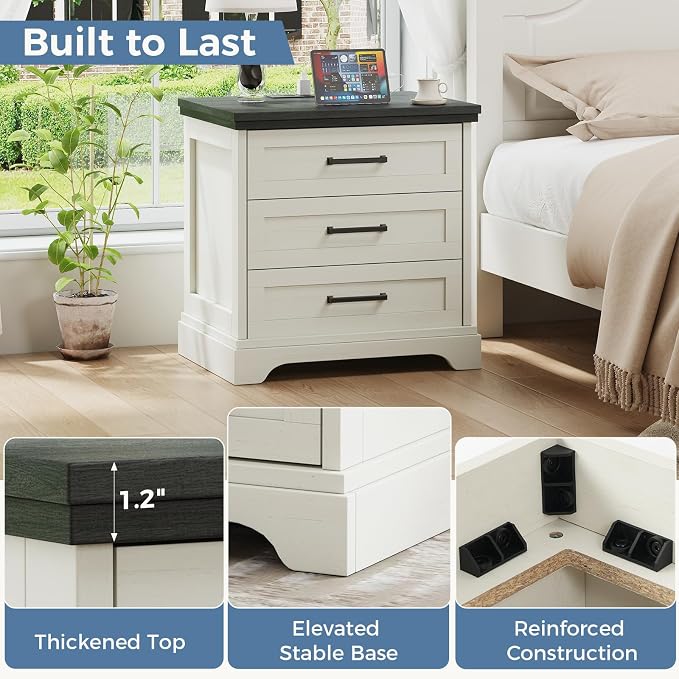 DUMOS Farmhouse Nightstand with Built-in Charging Station & USB Charging Ports, Sturdy Wood Bedside Table with 3 Spacious Storage Drawers, Minimalist Modern Small End Table for Bedroom, White
