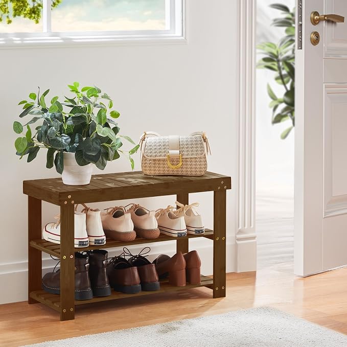 Pipishell Bamboo Shoe Rack Bench, 3 Tier Sturdy Shoe Bench, Storage Shoe Organizer, Holds up to 300lbs for Entryway Bedroom Living Room Balcony, Yellow Brown
