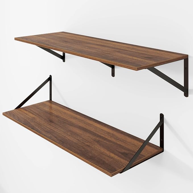 Heimlove 12 Inch Deep Floating Shelves for Wall, 32W x 12D Wood Wall Shelves Set of 2, Walnut Wide Floating Bookshelf for Living Room, Kitchen, Office, Bedroom, with Black Metal Bracke - Walnut