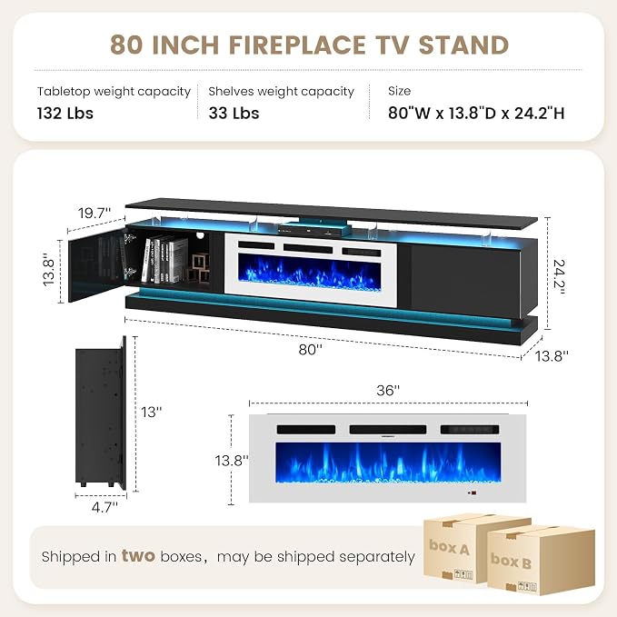 80" Fireplace TV Stand, Modern Entertainment Center for TVs Up to 90", TV Console with Storage Cabinets, Media Console for Living Room, Black TV Stand and White Fireplace