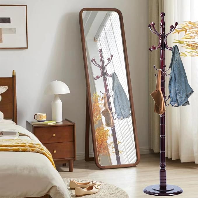 Wooden Coat Rack Freestanding, Hall Tree Hanger With Resin Hooks, Adjustable Heavy Duty Coat Rack for Hanging Clothes Bags Hats in Living Room Bedroom (coat rack, Round Base-Ruyi hook)
