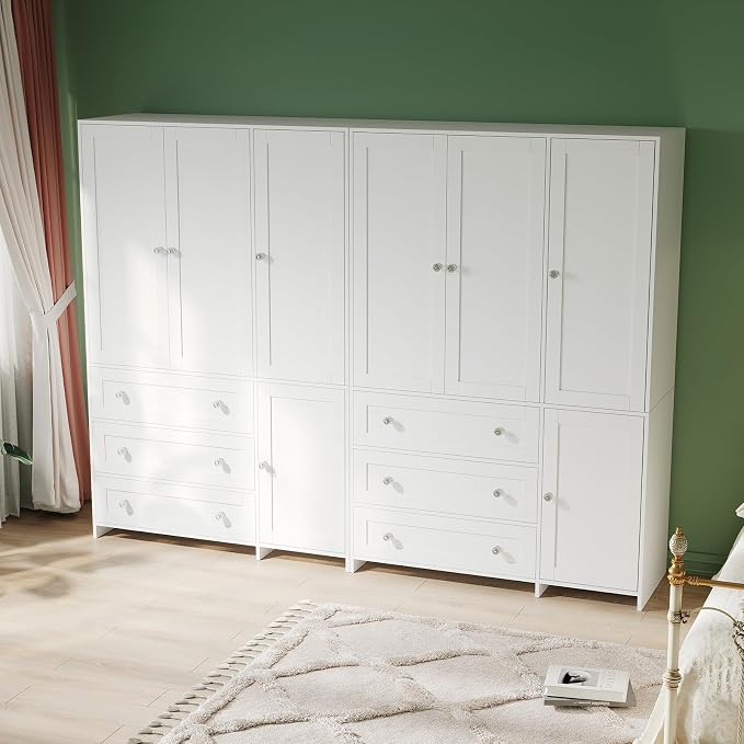 VOWNER Armoire Wardrobe Closet with Drawers and Mirror, 71" Clothing Storage Cabinet with Hanging Rod, 4 Doors Wooden Wardrobe Cabinet for Bedroom, Large Capacity Storage