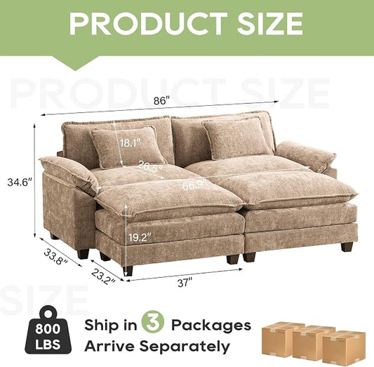 Oprisen 86" Modular Sectional Sofa, Comfy Cloud Couch Sectional Sofa with Ottomans, Chenille Sofa Sleeper Deep Seat Sofa with Throw Pillows for Living Room (Khaki)