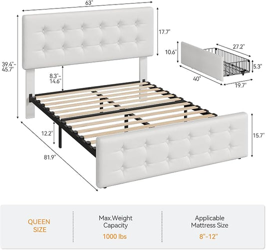 IDEALHOUSE Queen Size Bed Frame with 4 Storage Drawers and Headboard, Faux Leather Upholstered Platform Bed Frame with Wooden Slats Support, Button Tufted Design, No Box Spring Needed, White
