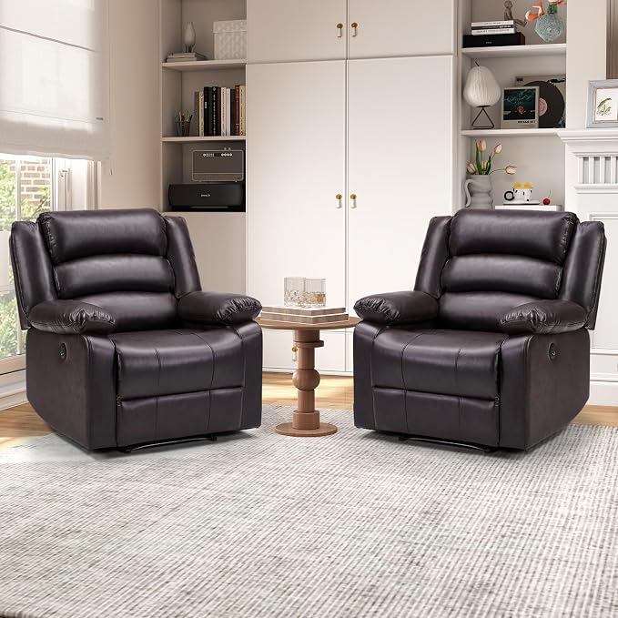 EBELLO Faux Leather Classic Power Recliner Chair, Oversized Electric Overstuffed Reclining Chair with Soft Cushion and Back, Sofa with Comfortable Armchair, Classic Brown, 2Pcs