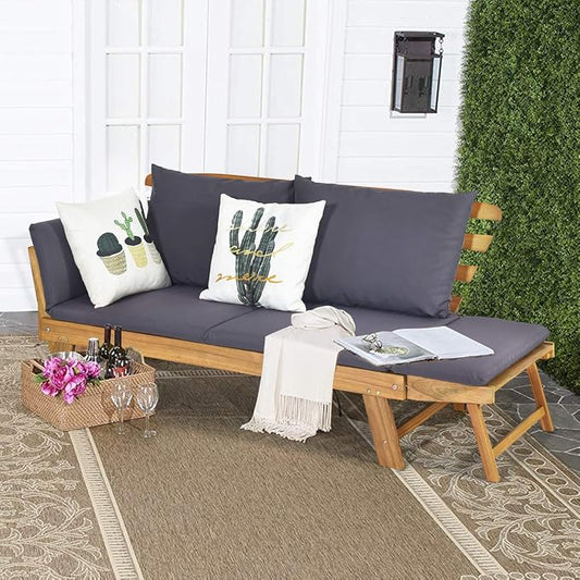 Tangkula Convertible Acacia Wood Patio Couch Sofa Bed with Adjustable Armrest, Outdoor Daybed with Cushion & Pillows, Outside Folding Futon Sofa Couch Bench for Porch, Courtyard, Poolside & Garden