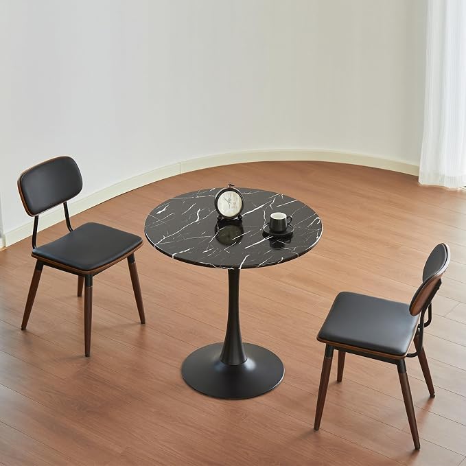 Round Dining Table, 24" Circle Tulip Table with Thickened Tabletop & Metal Pedestal, Mid Century Modern Bistro Table for Kitchen, Small Places, Living Room, Cafe (Faux Marble Black)