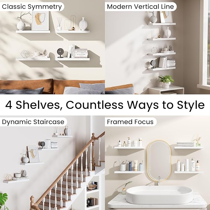 BAYKA Floating Shelves for Wall, 15.7in Wall Mounted Rustic Wood Shelves for Bathroom, Bedroom, Living Room, Kitchen, Hanging Shelf for Books/Storage/Room Decor with 22lbs Capacity (White, Set of 4)