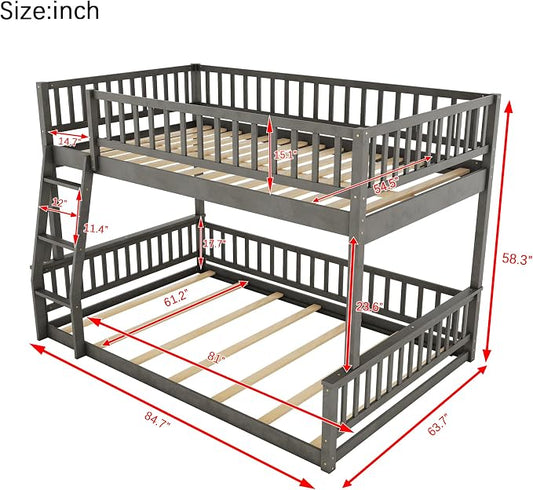 Full XL Over Queen Bunk Bed with Safety Guardrails, Solid Wood Floor Bunk Bed Frame with Sturdy Slat Support for Kids Teens Adults, Detachable Design (Grey-tra)