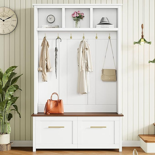 Merax Modern 4-in-1 Storage Hall Tree with Bench, Versatile Multiple Space with 6 Golden Hooks, 2 Drawers, Entryway Coat Rack for Living Room, Hallway, White