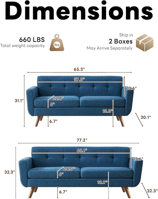 Tbfit Mid Century Modern Sofa Couch, Blue, Loveseat & Standard Sofa | linen fabric